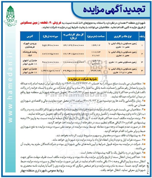 تجدید مزایده فروش چهار قطعه زمین مسکونی 