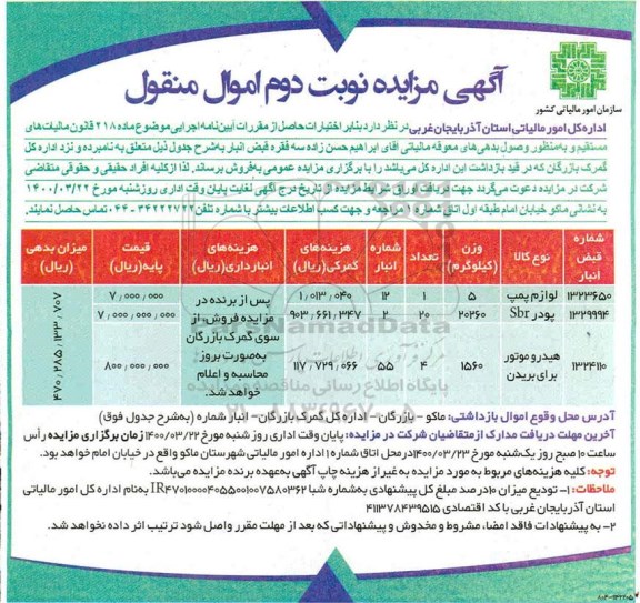 مزایده فروش لوازم پمپ و... نوبت دوم