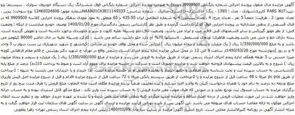 مزایده یک دستگاه خودروی سواری  پژو ،تیپ:PARS XU7 