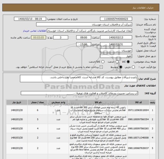استعلام زانو و شیرآلات مطابق پیوست. کد کالا مشابه است. کالامنحصرا تولیدداخلی باشد.