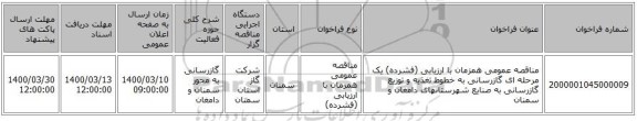 مناقصه عمومی همزمان با ارزیابی (فشرده) یک مرحله ای گازرسانی به خطوط تغذیه و توزیع گازرسانی به صنایع شهرستانهای دامغان و سمنان 