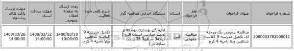 مناقصه عمومی یک مرحله ای تکمیل مدرسه 9 کلاسه شاهین ویلا ناحیه 4 کرج 