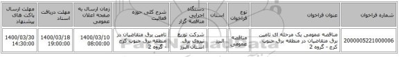 مناقصه عمومی یک مرحله ای تامین برق متقاضیان در منطقه برق جنوب کرج  - گروه 2