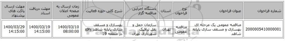 مناقصه عمومی یک مرحله ای بهسازی و مسقف سازی پایانه شاهد