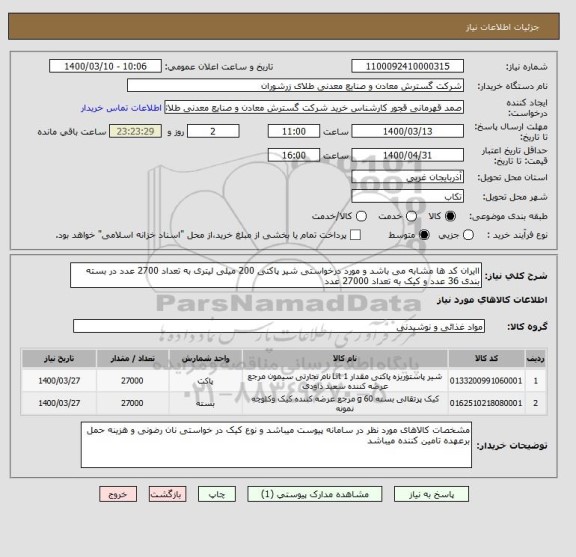 استعلام اایران کد ها مشابه می باشد و مورد درخواستی شیر پاکتی 200 میلی لیتری به تعداد 2700 عدد در بسته بندی 36 عدد و کیک به تعداد 27000 عدد 