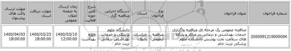 مناقصه عمومی یک مرحله ای مناقصه واگذاری خدمات بهداشتی و درمانی در مراکز و پایگاه های سلامت تحت پوشش دانشکده علوم پزشکی تربت جام 