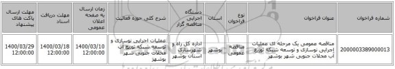 مناقصه عمومی یک مرحله ای عملیات اجرایی نوسازی و توسعه شبکه توزیع آب محلات جنوبی شهر بوشهر