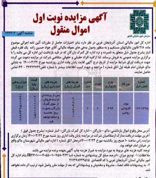 مزایده مواد افزودنی روغنی