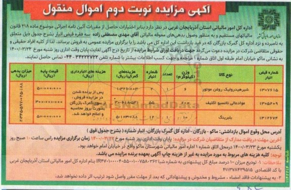 مزایده، مزایده فروش شیر هیدرولیک روغن موتور ...- نوبت دوم 