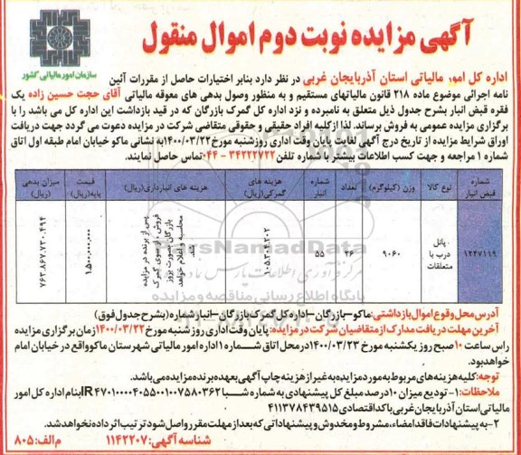 مزایده پانل درب با متعلقات - نوبت دوم