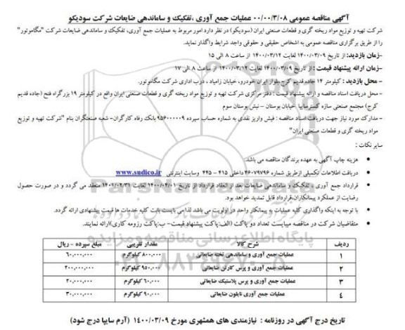 مناقصه امور مربوط به عملیات جمع آوری، تفکیک و ساماندهی ضایعات
