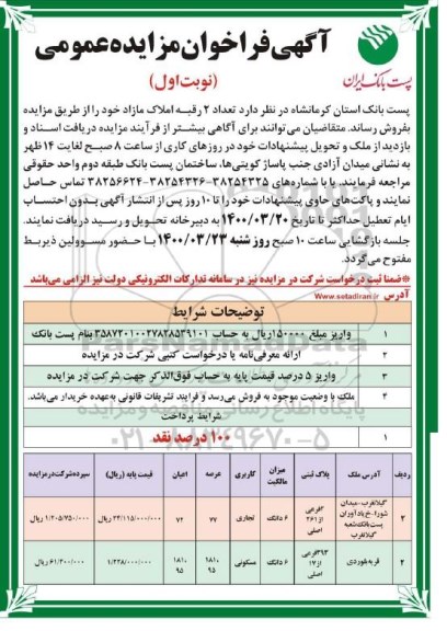 مزایده مزایده فروش دو رقبه املاک مازاد نوبت اول 