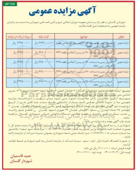 مزایده مزایده فروش زمین مساحت 339.8 متر نوبت دوم