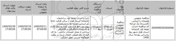 مناقصه عمومی همزمان با ارزیابی (فشرده) یک مرحله ای مناقصه احداث طبقه اول کتابخانه استاد هژار شهر ربط براساس بودجه سال 1400 