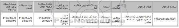 مناقصه عمومی یک مرحله ای خرید تجهیزات سامانه مهاجر
