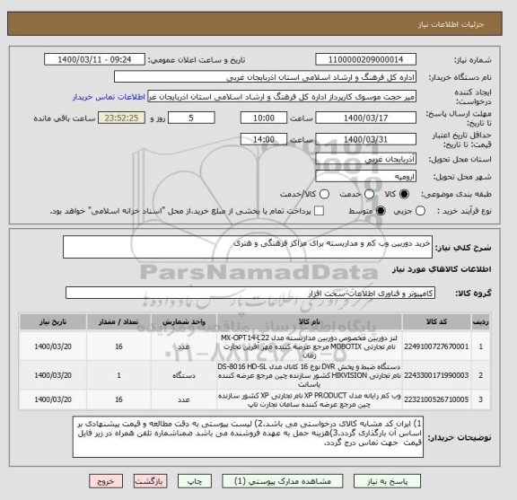 استعلام خرید دوربین وب کم و مداربسته برای مراکز فرهنگی و هنری