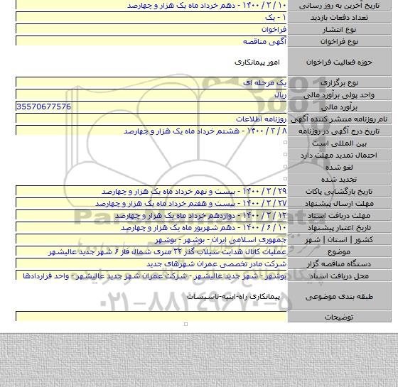 عملیات کانال هدایت سیلاب گذر ۳۲ متری شمال فاز ۶ شهر جدید عالیشهر