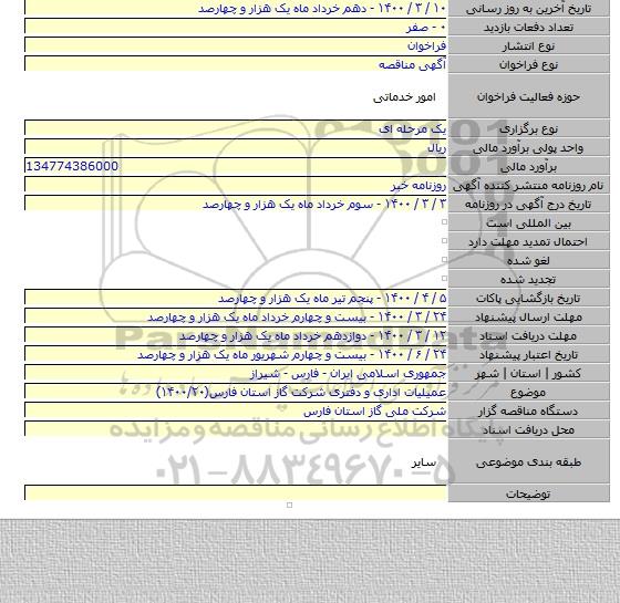 عمیلیات اداری و دفتری شرکت گاز استان فارس(۱۴۰۰/۲۰)