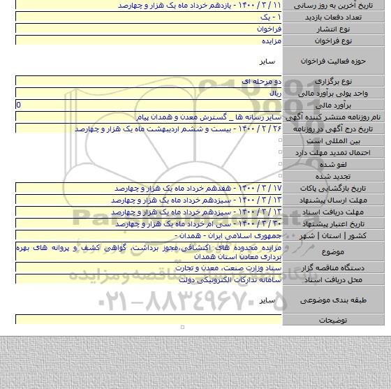 مزایده محدوده های اکتشافی،مجوز برداشت، گواهی کشف و پروانه های بهره برداری معادن استان همدان