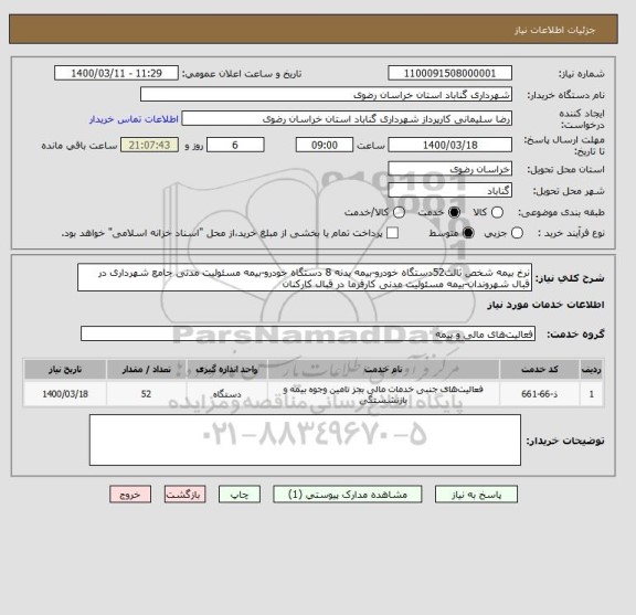 استعلام نرخ بیمه شخص ثالث52دستگاه خودرو-بیمه بدنه 8 دستگاه خودرو-بیمه مسئولیت مدنی جامع شهرداری در قبال شهروندان-بیمه مسئولیت مدنی کارفرما در قبال کارکنان