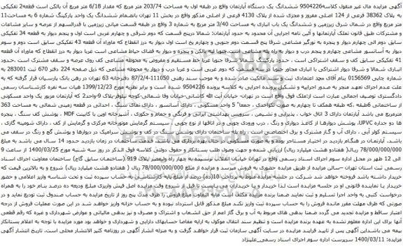 آگهی مزایده ششدانگ یک دستگاه آپارتمان واقع در طبقه اول به مساحت 203/74 متر مربع 