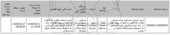 خرید خدمات مشاوره خرید خدمات نظارت کارگاهی و عالیه بر پروژه های در حال اجرا و تکمیلی طرح آبرسانی به شهرها و روستاهای محور بن-بروجن