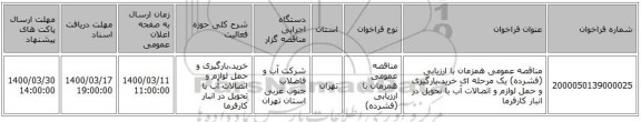 مناقصه عمومی همزمان با ارزیابی (فشرده) یک مرحله ای خرید،بارگیری و حمل لوازم و اتصالات آب با تحویل در انبار کارفرما