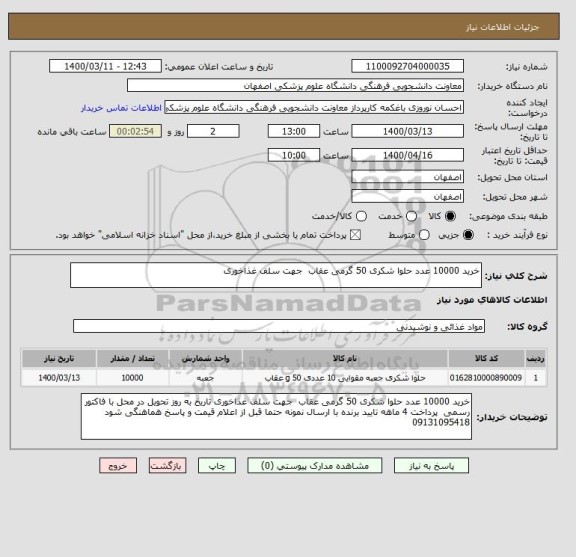 استعلام خرید 10000 عدد حلوا شکری 50 گرمی عقاب  جهت سلف غذاخوری