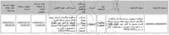 مناقصه عمومی دو مرحله ای مناقصه واگذاری اجرای پروژه های تبدیل شبکه فشار ضعیف به کابل خود نگهدار واقع در شهرستان خمینی شهربصورت کلید در دست1933/1400