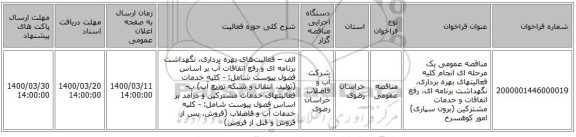 مناقصه عمومی یک مرحله ای انجام کلیه فعالیتهای بهره برداری، نگهداشت برنامه ای، رفع اتفاقات و خدمات مشترکین (برون سپاری) امور کوهسرخ 
