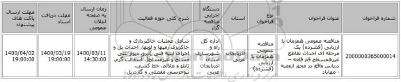 مناقصه عمومی همزمان با ارزیابی (فشرده) یک مرحله ای احداث تقاطع غیرهمسطح قم قلعه – دریاس واقع در محور ارومیه - مهاباد