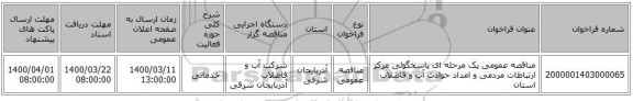 مناقصه عمومی یک مرحله ای پاسخگوئی مرکز ارتباطات مردمی و امداد حوادث آب و فاضلاب استان
