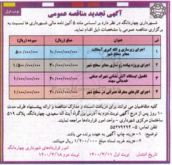 تجدید مناقصه، تجدید مناقصه اجرای زیرسازی و لکه گیری آسفالت معابر سطح شهر... 