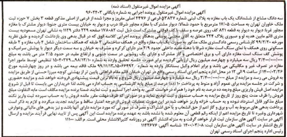 مزایده مزایده سه دانگ مشاع از ششدانگ یک باب مغازه 