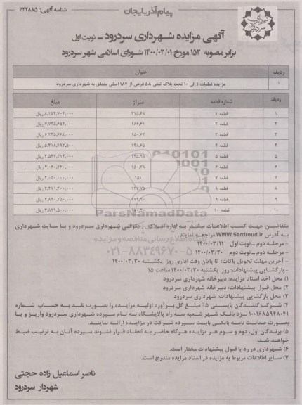 مزایده قطعات 1 الی 10