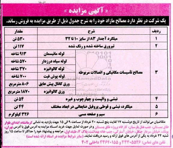 مزایده فروش میلگرد آجدار A3 از سایز 10 تا 32 ...
