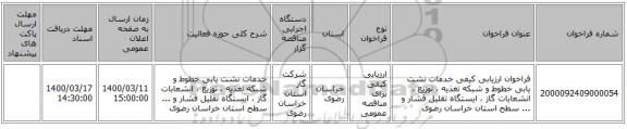 فراخوان ارزیابی کیفی خدمات نشت یابی خطوط و شبکه تغذیه ، توزیع ، انشعابات گاز ، ایستگاه تقلیل فشار و ... سطح استان خراسان رضوی 