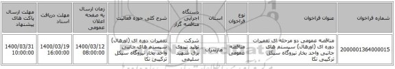 مناقصه عمومی دو مرحله ای تعمیرات دوره ای (اورهال) سیستم های جانبی واحد بخار نیروگاه سیکل ترکیبی نکا 