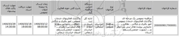 مناقصه عمومی یک مرحله ای واگذاری فعالیتهای خدمات عمومی، امور دفتری و بایگانی ، نظافت ، جابجایی پرونده های ثبتی بین دوایر و.... (بصورت حجمی)درسطح استان
