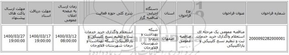 مناقصه عمومی یک مرحله ای استعلام واگذاری خرید خدمات ثبت و تنظیم نسخ کلینیکی و پاراکلینیکی