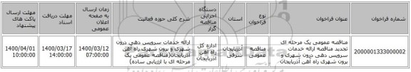 مناقصه عمومی یک مرحله ای تجدید مناقصه ارائه خدمات سرویس دهی درون شهری و برون شهری راه آهن آذربایجان