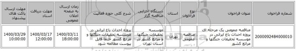 مناقصه عمومی یک مرحله ای پروژه احداث باغ ایرانی در موسسه تحقیقات جنگلها و مراتع کشور
