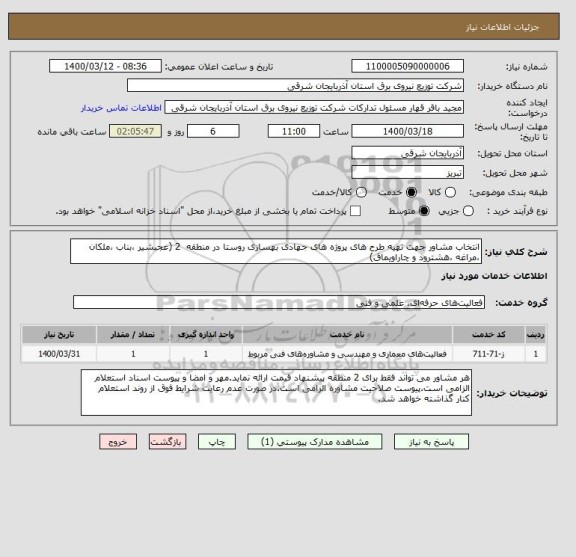 استعلام انتخاب مشاور جهت تهیه طرح های پروژه های جهادی بهسازی روستا در منطقه  2 (عجبشیر ،بناب ،ملکان ،مراغه ،هشترود و چاراویماق)