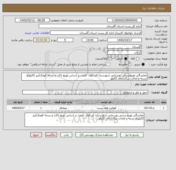 استعلام نمایندگی توزیع پستی روستایی شهرستان کردکوی  قیمت بر اساس توزیع پاکت و بسته کوچک(زیر 2کیلو)و بسته و امانات بزرگ(بالای 2کیلو