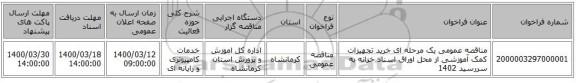 مناقصه عمومی یک مرحله ای خرید تجهیزات کمک آموزشی از محل اوراق اسناد خزانه به سررسید 1402