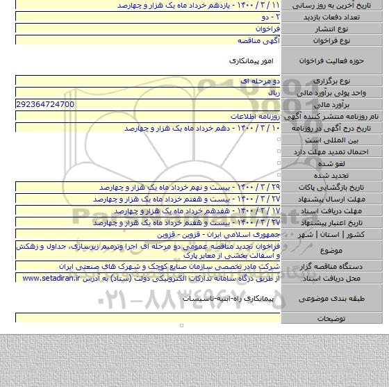 فراخوان تجدید مناقصه عمومی دو مرحله ای اجرا وترمیم زیرسازی، جداول و زهکش و آسفالت بخشی از معابر پارک