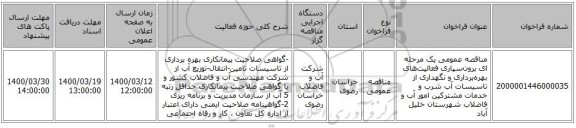 مناقصه عمومی یک مرحله ای برون‌سپاری فعالیت‌های بهره‌برداری و نگهداری از تاسیسات آب شرب و خدمات مشترکین امور آب و فاضلاب شهرستان خلیل آباد