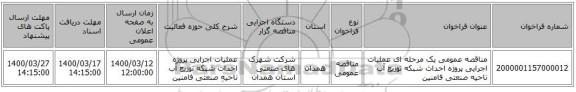 مناقصه عمومی یک مرحله ای عملیات اجرایی  پروژه احداث شبکه توزیع آب ناحیه صنعتی فامنین