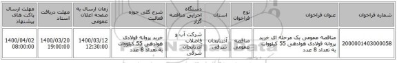 مناقصه عمومی یک مرحله ای خرید پروانه فولادی هوادهی 55 کیلووات به تعداد 8 عدد
