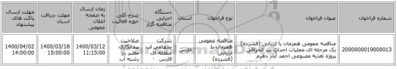 مناقصه عمومی همزمان با ارزیابی (فشرده) یک مرحله ای عملیات احداث بند انحرافی پروژه تغذیه مصنوعی احمد آباد دهرم